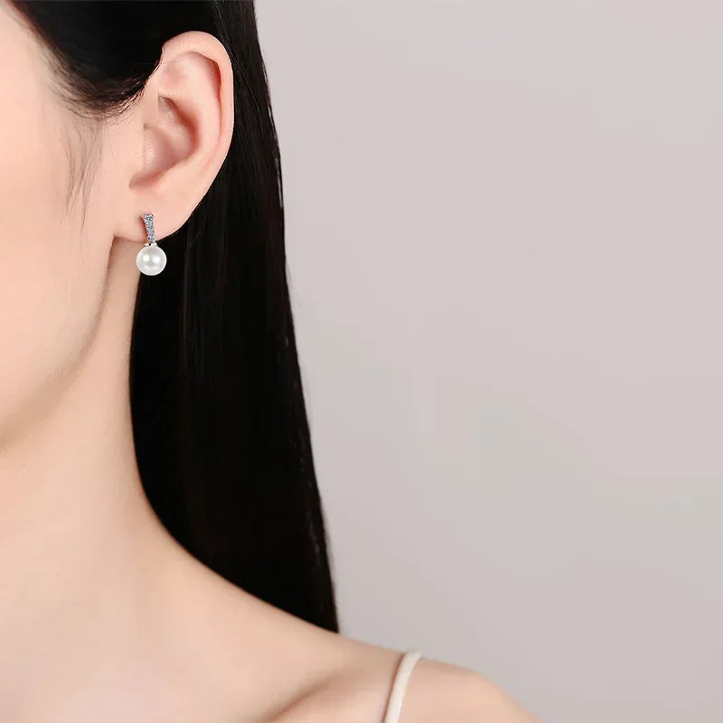 Women Valentine's Day 18K White Gold Earplug Wedding Stud Earrings 0.23CT Moissanite Diamond 9mm Pearl PT950 Platinum Jewelry