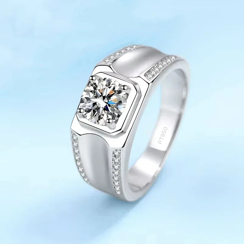Wedding Platinum PT950 Men Rings VVS1 D Color 1CT Moissanite Diamond Boyfriend Birthday Gift Male Valentine's Day Fine Jewelry