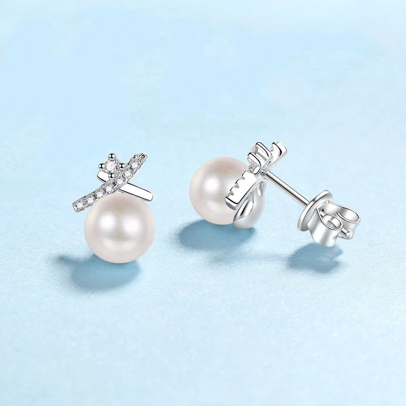 Women Valentine's Day 18K White Gold Wedding Earplug Stud Earrings Girl Freshwater Pearl 0.1CT Moissanite Diamond Birthday Gift