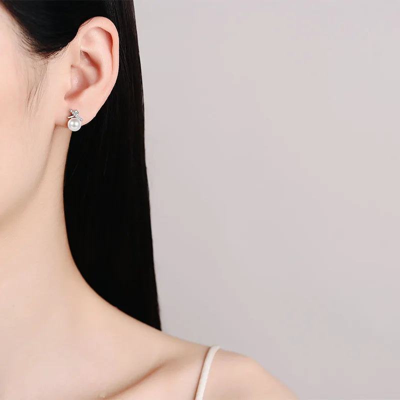 Women Valentine's Day 18K White Gold Wedding Earplug Stud Earrings Girl Freshwater Pearl 0.1CT Moissanite Diamond Birthday Gift