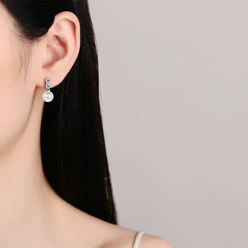 Engagement 18K White Gold Earplug Stud Earrings Women Wedding 0.28CT Moissanite Diamond 9mm Pearl PT950 Platinum Fine Jewelry