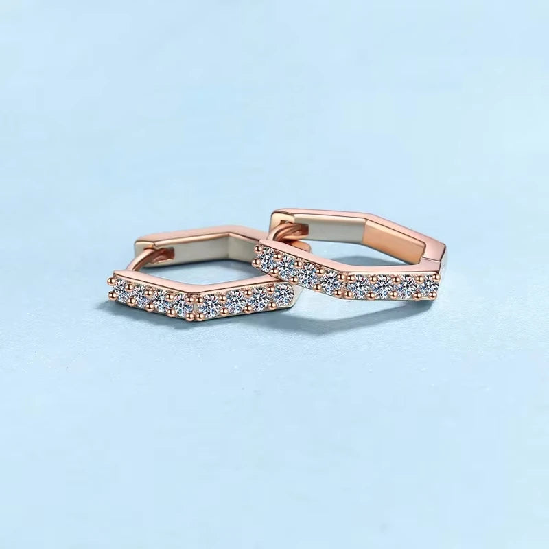 Women Valentine's Day 18K Rose Gold Wedding Hoop Earrings Geometric Hexagonal 0.4CT Moissanite Diamond Girl Friend Birthday Gift