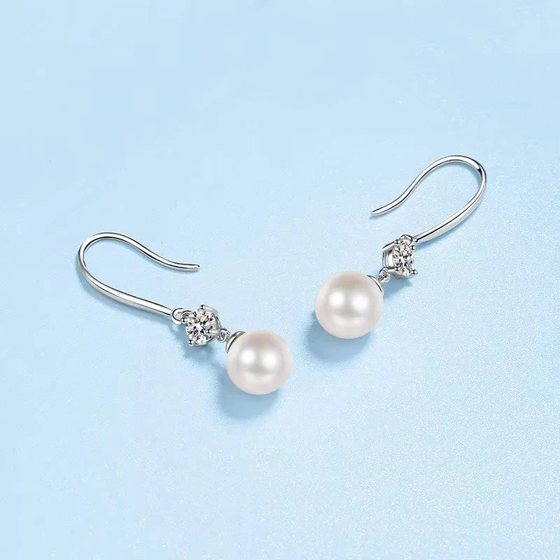Trendy Women Valentine's Day Platinum PT950 Drop Earrings 0.6CT Moissanite Diamond Fresh Water Flawless Pearl Girl Birthday Gift