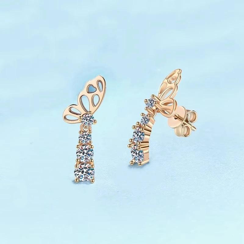 Girl Friend Birthday Gift 18K Rose Gold Butterfly Stud Earrings 1.24CT Moissanite Diamond Valentine's Day Women Wedding Jewelry