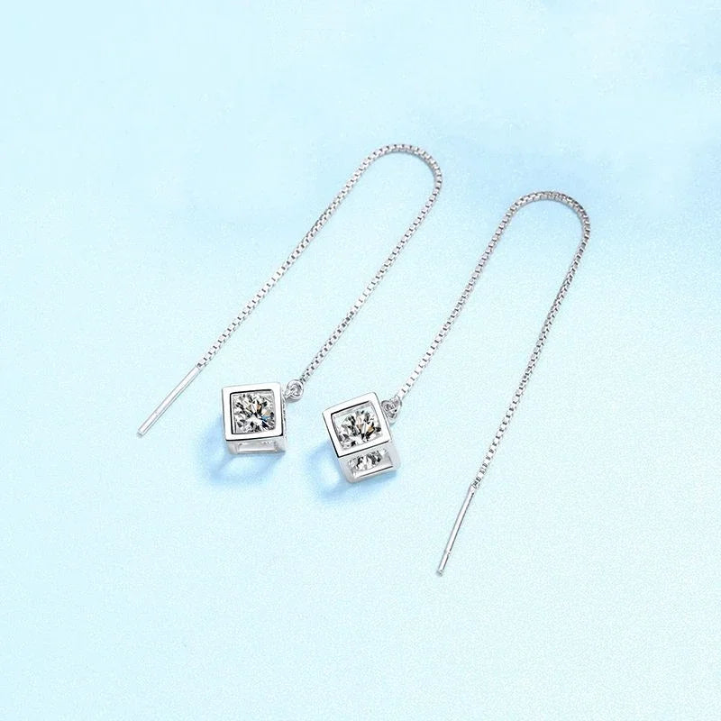 Girl Valentine's Day 18K White Gold Ear Threads Line Drop Earrings 1/2CT Moissanite Diamond PT950 Platinum Women Birthday Gift