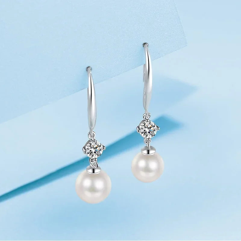 Trendy Women Valentine's Day Platinum PT950 Drop Earrings 0.6CT Moissanite Diamond Fresh Water Flawless Pearl Girl Birthday Gift