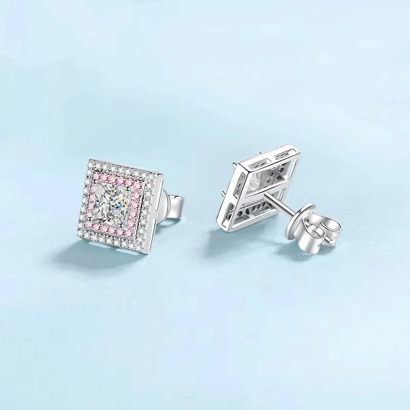 Engagement Earplug Stud Earrings Square 18K White Gold Women Birthday Gift 1.2Carat Moissanite Diamond Girl Wedding Fine Jewelry