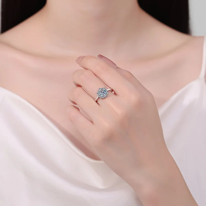 WOMEN Engagement 18K White Gold Sunflower Six Claw Wedding Band 1CT Moissanite Diamond Birthday Gift Girl Valentine's Day Rings