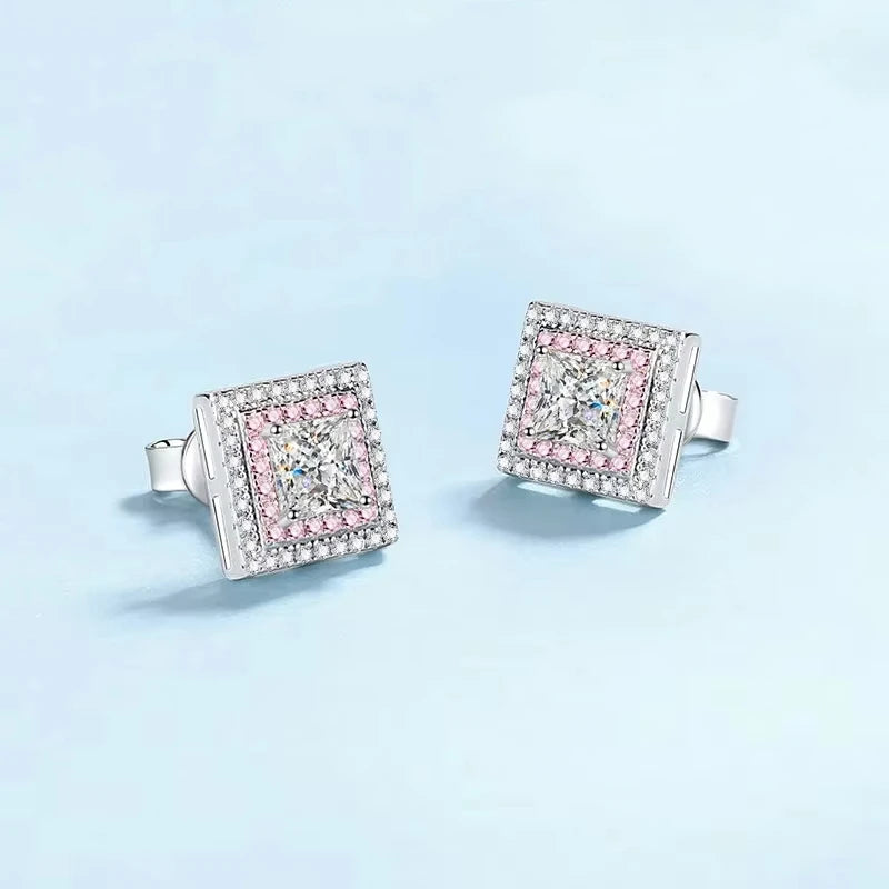 Engagement Earplug Stud Earrings Square 18K White Gold Women Birthday Gift 1.2Carat Moissanite Diamond Girl Wedding Fine Jewelry