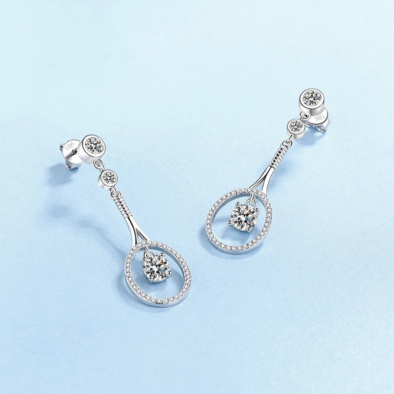 Women Valentine's Day 18K White Gold Tennis Racket Shape Drop Earrings 1CT Moissanite Diamond PT950 Platinum Girl Birthday Gift