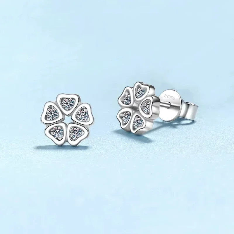 Daughter Adult's Day Platinum PT950 Women Wedding Flower Earplug Stud Earrings 0.25CT Moissanite Diamond Girl Birthday Gift INS
