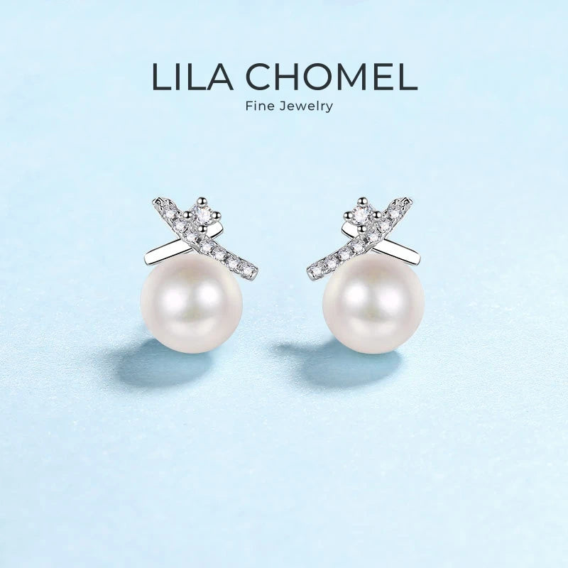 Women Valentine's Day 18K White Gold Wedding Earplug Stud Earrings Girl Freshwater Pearl 0.1CT Moissanite Diamond Birthday Gift