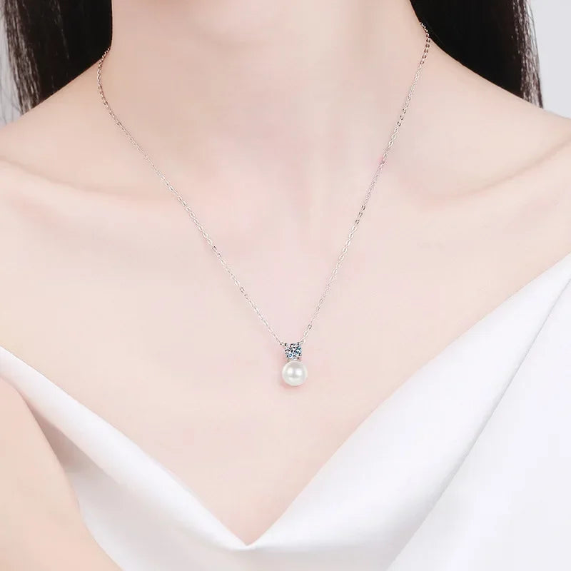 Women Valentine's Day White Gold 18K Wedding Necklaces 0.5CT Moissanite Diamond Pendant 8mm Pearl PT950 Girlfriend Birthday Gift