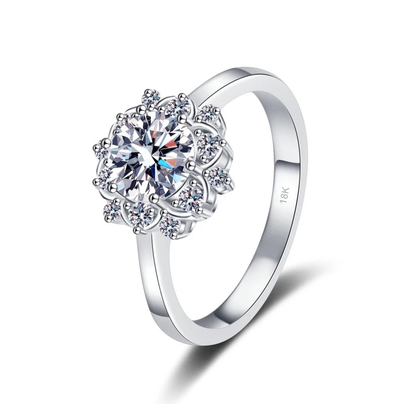 WOMEN Engagement 18K White Gold Sunflower Six Claw Wedding Band 1CT Moissanite Diamond Birthday Gift Girl Valentine's Day Rings