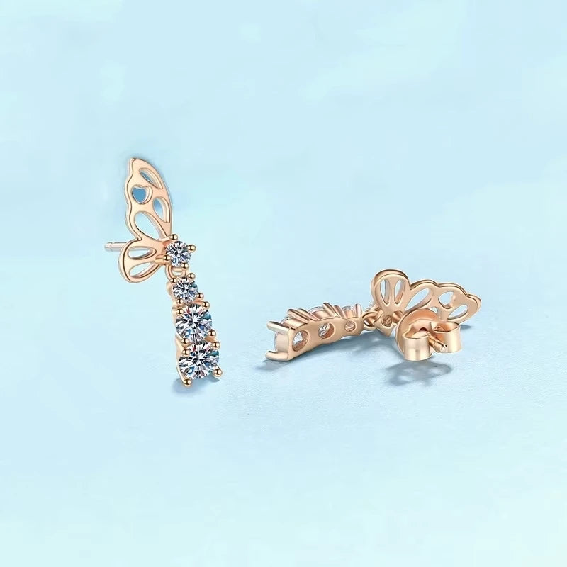 Girl Friend Birthday Gift 18K Rose Gold Butterfly Stud Earrings 1.24CT Moissanite Diamond Valentine's Day Women Wedding Jewelry