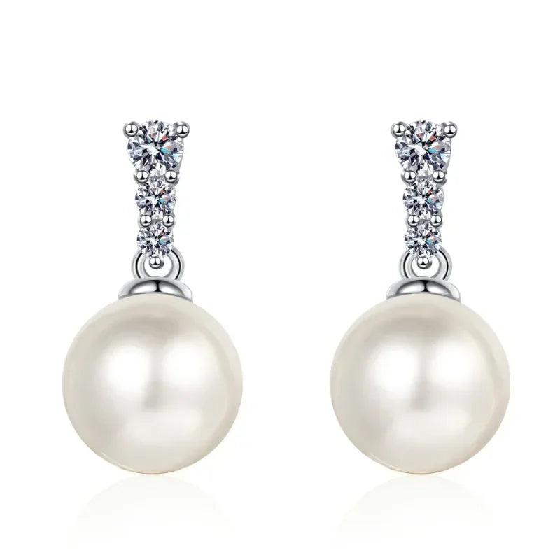 Women Valentine's Day 18K White Gold Earplug Wedding Stud Earrings 0.23CT Moissanite Diamond 9mm Pearl PT950 Platinum Jewelry