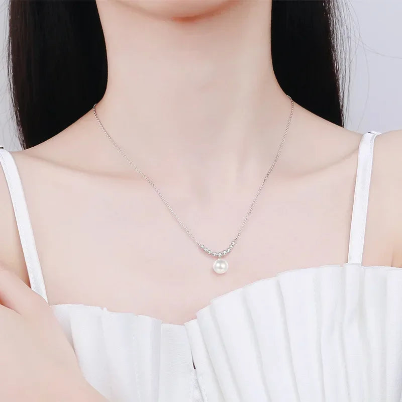 Valentine's Day Girlfriend 18K White Gold Wedding 0.36CT Moissanite Diamond 8mm Pearl Pendant PT950 Platinum Necklaces for Women