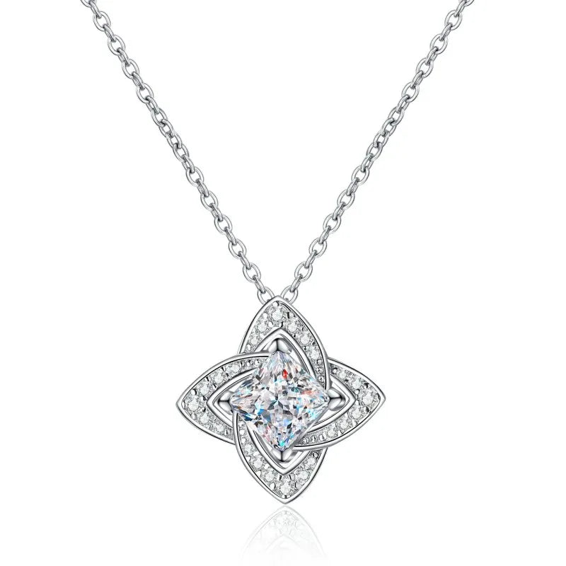 Luxury Platinum PT950 Pendant for Women 1 CT Moissanite Diamond Necklaces Four leaf Square Clavicle Chain girl fine Jewelry gift