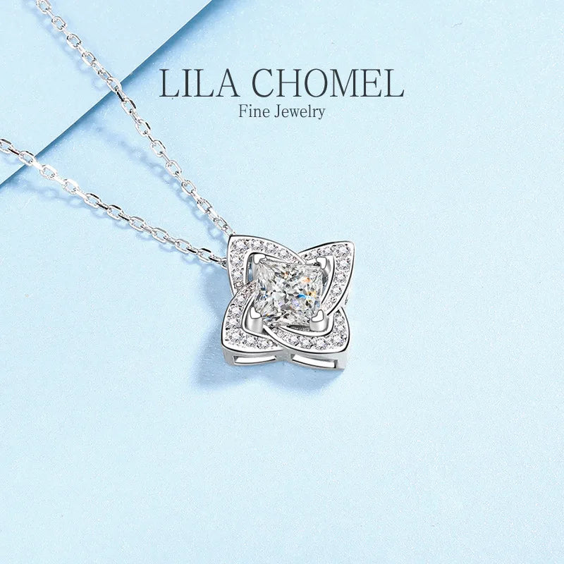 Luxury Platinum PT950 Pendant for Women 1 CT Moissanite Diamond Necklaces Four leaf Square Clavicle Chain girl fine Jewelry gift