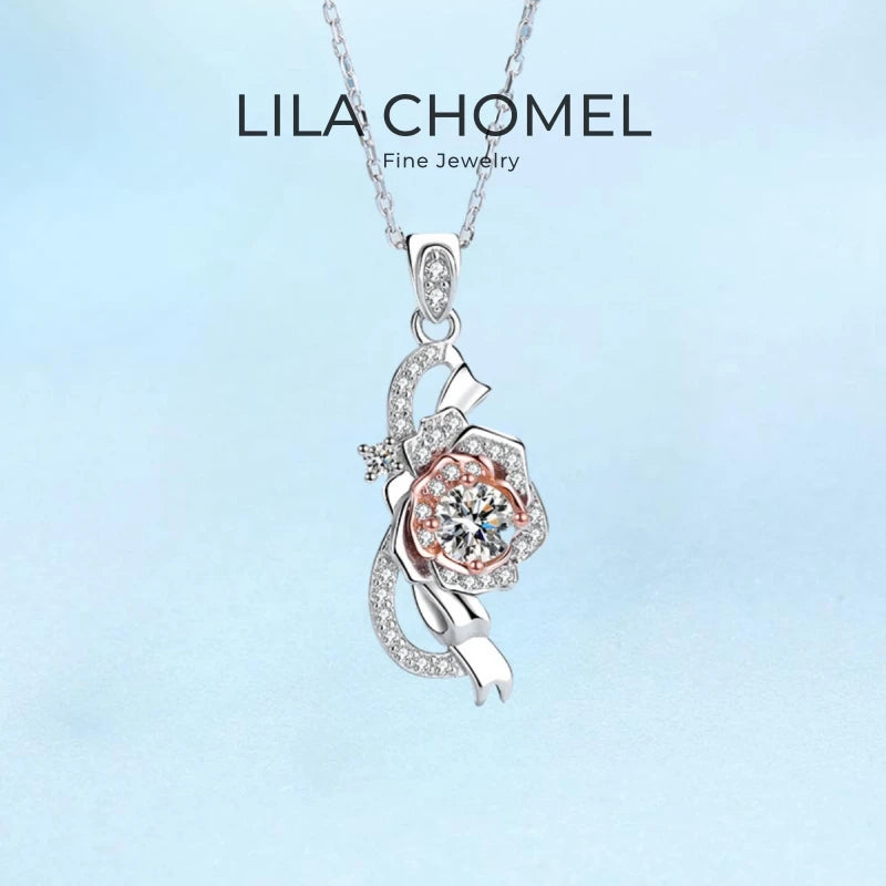 Girlfriend Birthday Gift 18K White Gold Necklaces Women Engagement 0.5CT Moissanite Diamond Rose Pendant Wedding Fine Jewelry