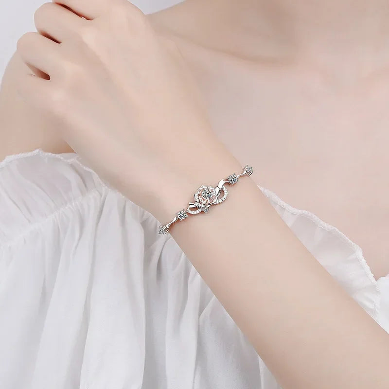 Girlfriend Birthday Gift 18K White Gold Bracelets Wedding 1.4Carat Moissanite Diamond Daughter Rose Flower Women Valentine's Day