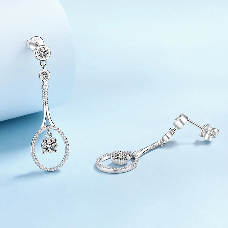 Women Valentine's Day 18K White Gold Tennis Racket Shape Drop Earrings 1CT Moissanite Diamond PT950 Platinum Girl Birthday Gift