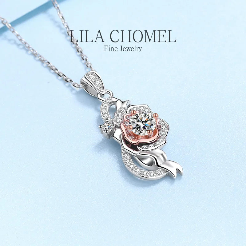 Quality Platinum PT950 girls rose flower necklace with 0.5ct Moissanite Pendant for Women D Color Sparkling Diamond fine Jewelry