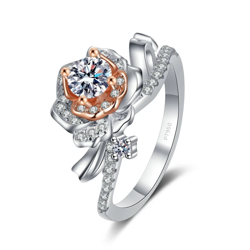 Classic Rose Gold and Platinum PT950 Rings for Women Engagement 0.5 Carat Moissanite Diamond Wedding Band Girl Birthday Gift ins