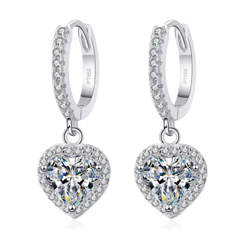 WOMEN Valentine's Day PT950 Platinum Drop Earrings Girlfriend Birthday Gift 2CT Heart Moissanite Diamond Wedding Fine Jewelry