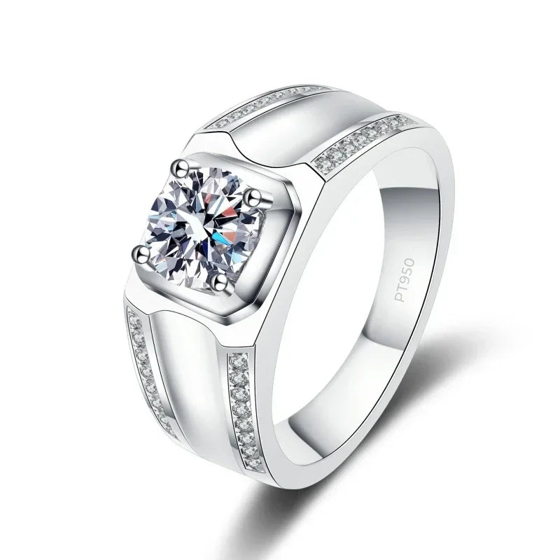 Wedding Platinum PT950 Men Rings VVS1 D Color 1CT Moissanite Diamond Boyfriend Birthday Gift Male Valentine's Day Fine Jewelry