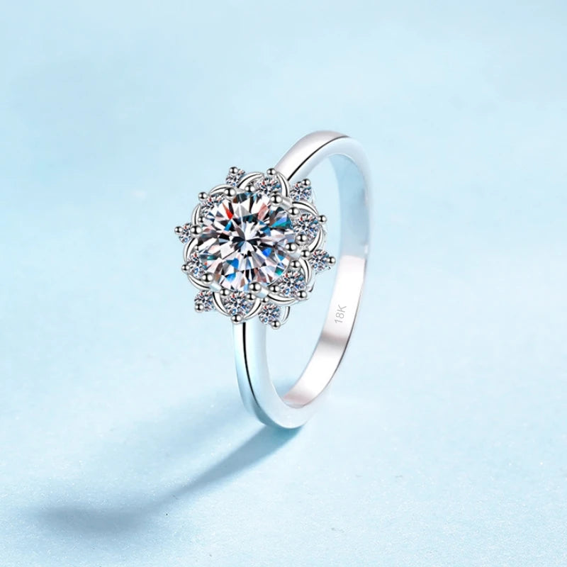 WOMEN Engagement 18K White Gold Sunflower Six Claw Wedding Band 1CT Moissanite Diamond Birthday Gift Girl Valentine's Day Rings