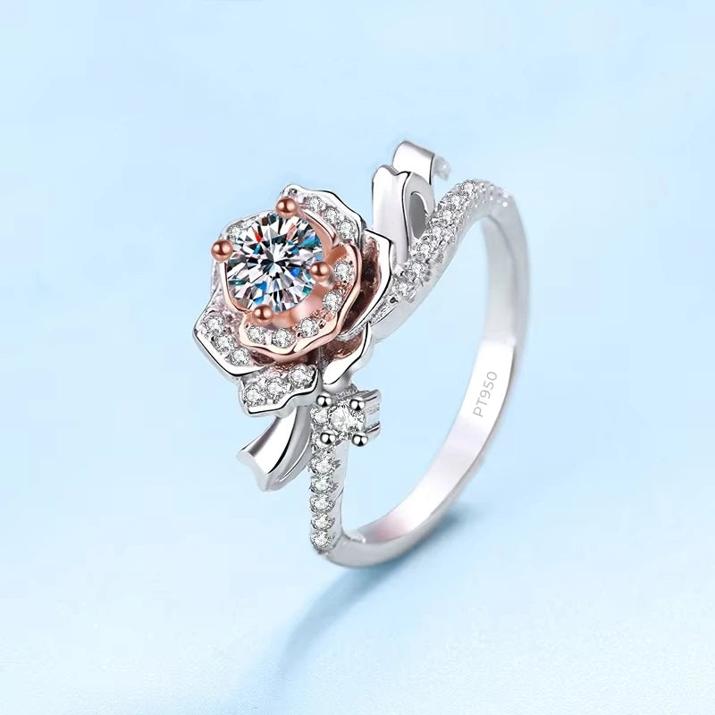 Classic Rose Gold and Platinum PT950 Rings for Women Engagement 0.5 Carat Moissanite Diamond Wedding Band Girl Birthday Gift ins