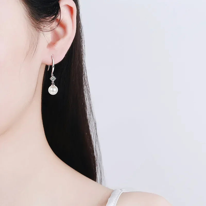 Trendy Women Valentine's Day Platinum PT950 Drop Earrings 0.6CT Moissanite Diamond Fresh Water Flawless Pearl Girl Birthday Gift