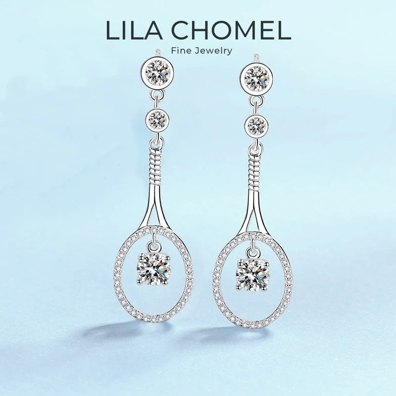 Women Valentine's Day 18K White Gold Tennis Racket Shape Drop Earrings 1CT Moissanite Diamond PT950 Platinum Girl Birthday Gift