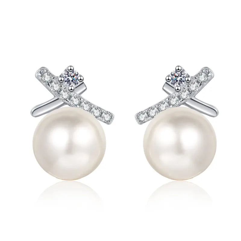 Women Valentine's Day 18K White Gold Wedding Earplug Stud Earrings Girl Freshwater Pearl 0.1CT Moissanite Diamond Birthday Gift