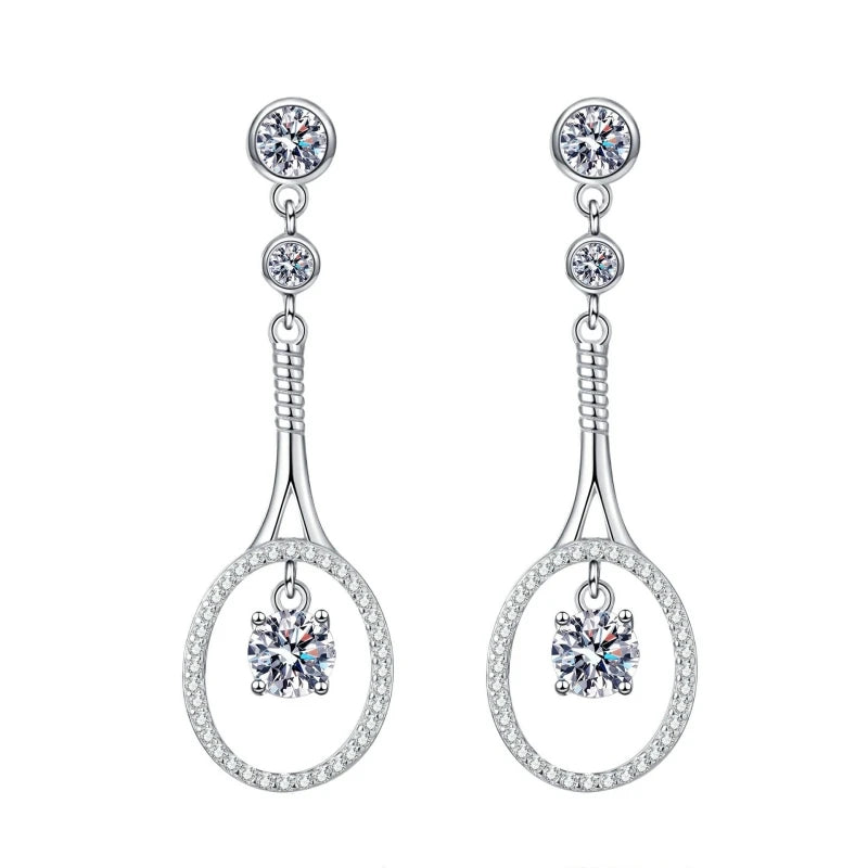 Women Valentine's Day 18K White Gold Tennis Racket Shape Drop Earrings 1CT Moissanite Diamond PT950 Platinum Girl Birthday Gift