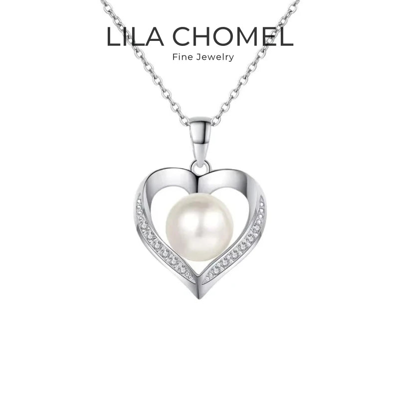 Girl Adult's Day White Gold 18K Necklaces 0.96CT Moissanite Diamond 9mm Pearl Heart Pendant Women PT950 Platinum Birthday Gift