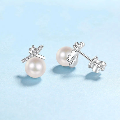 Women Valentine's Day 18K White Gold Wedding Earplug Stud Earrings Girl Freshwater Pearl 0.1CT Moissanite Diamond Birthday Gift