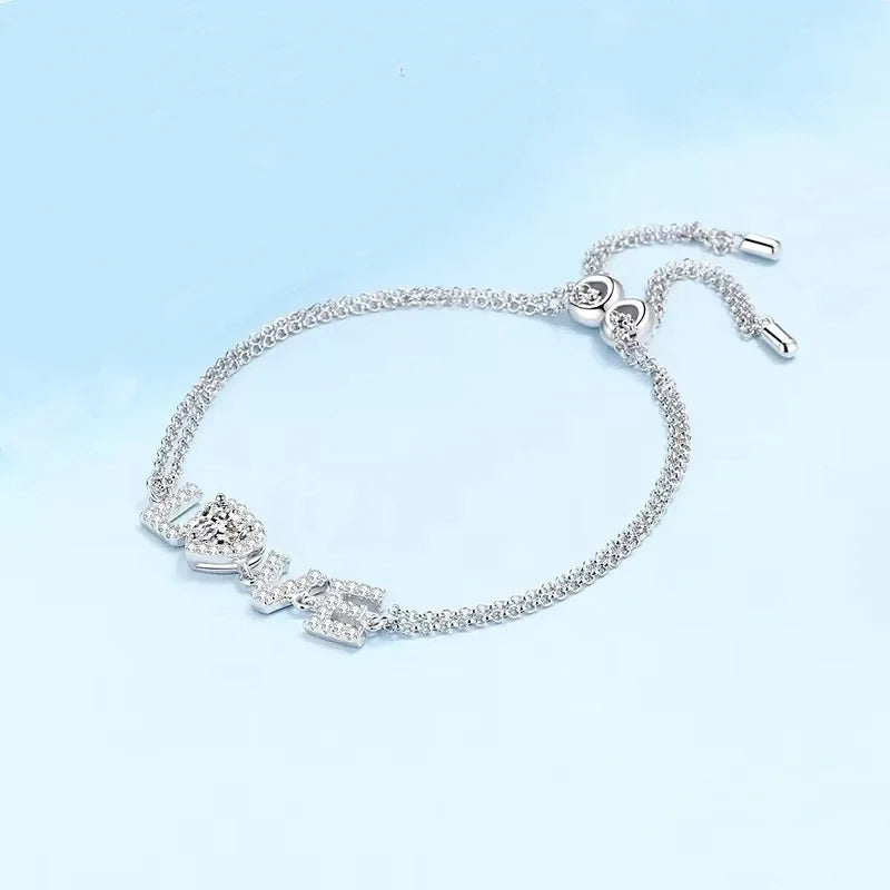Pulseiras de ouro branco 18K para presente de aniversário de filha, joias de casamento femininas, diamante moissanite 0,5CT, coração para dia dos namorados, LOVER