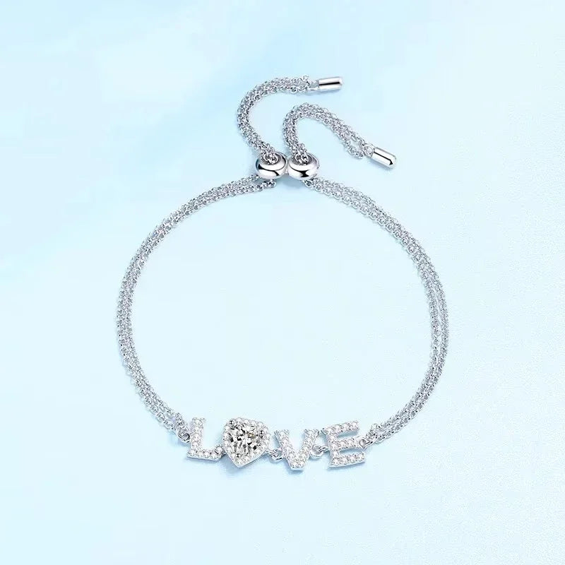 Pulseiras de ouro branco 18K para presente de aniversário de filha, joias de casamento femininas, diamante moissanite 0,5CT, coração para dia dos namorados, LOVER