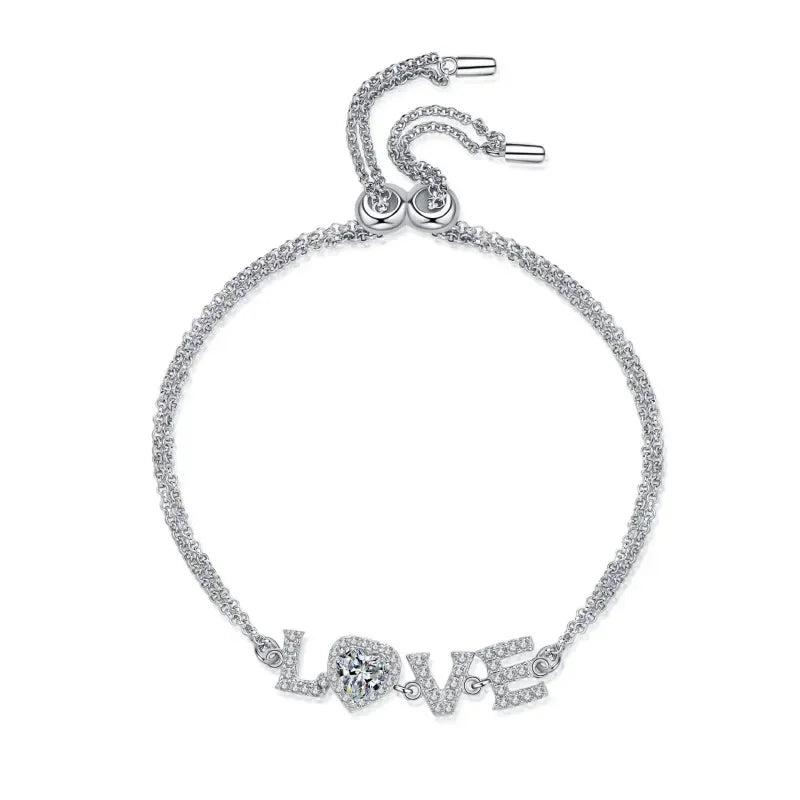 Pulseiras de ouro branco 18K para presente de aniversário de filha, joias de casamento femininas, diamante moissanite 0,5CT, coração para dia dos namorados, LOVER