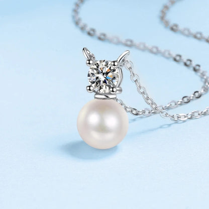 Women Valentine's Day White Gold 18K Wedding Necklaces 0.5CT Moissanite Diamond Pendant 8mm Pearl PT950 Girlfriend Birthday Gift