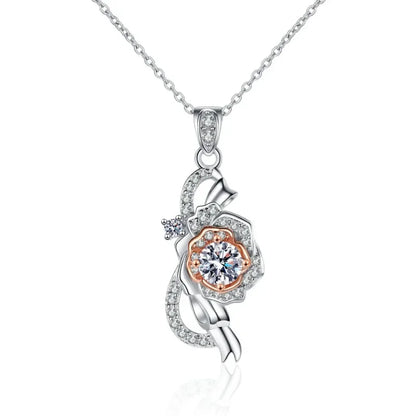 Girlfriend Birthday Gift 18K White Gold Necklaces Women Engagement 0.5CT Moissanite Diamond Rose Pendant Wedding Fine Jewelry