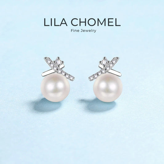 Women Valentine's Day 18K White Gold Wedding Earplug Stud Earrings Girl Freshwater Pearl 0.1CT Moissanite Diamond Birthday Gift