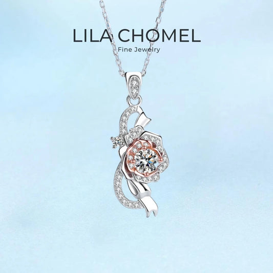 Girlfriend Birthday Gift 18K White Gold Necklaces Women Engagement 0.5CT Moissanite Diamond Rose Pendant Wedding Fine Jewelry