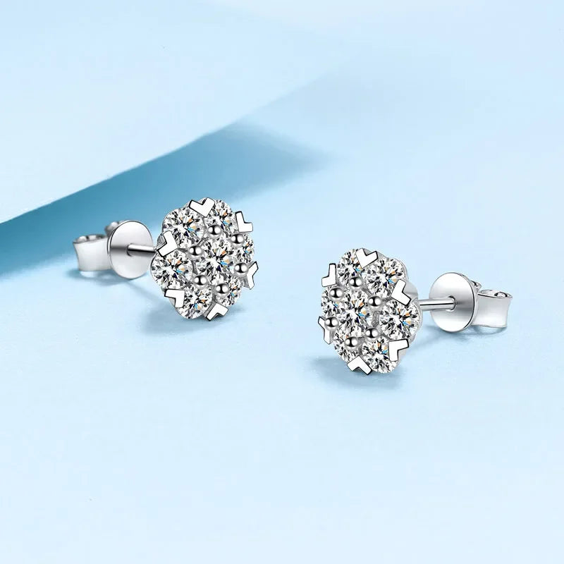 Brincos de orelha de ouro branco 18K para presente de aniversário e filha, brincos de pino para mulheres, noivado, 7 diamantes de moissanita, joias finas para casamento