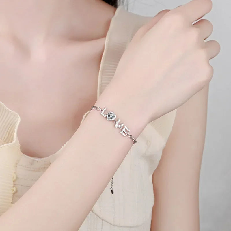Pulseiras de ouro branco 18K para presente de aniversário de filha, joias de casamento femininas, diamante moissanite 0,5CT, coração para dia dos namorados, LOVER