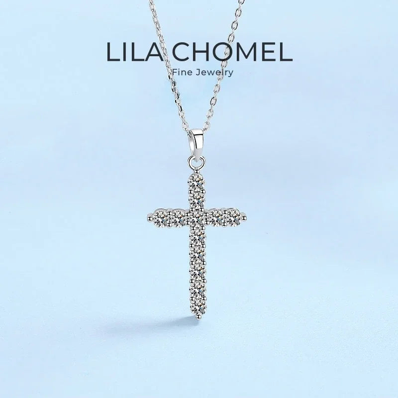 Colar de cruz de ouro branco 18K para presente de Natal e aniversário feminino, joia fina de platina com diamante moissanita PT950 para dia dos namorados