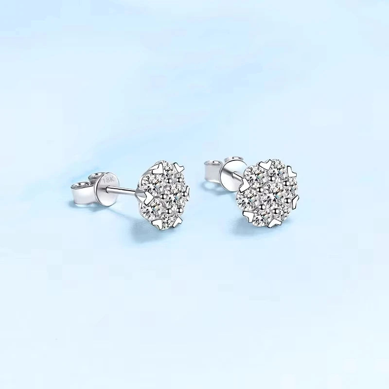 Brincos de orelha de ouro branco 18K para presente de aniversário e filha, brincos de pino para mulheres, noivado, 7 diamantes de moissanita, joias finas para casamento