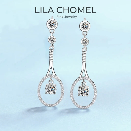 Women Valentine's Day 18K White Gold Tennis Racket Shape Drop Earrings 1CT Moissanite Diamond PT950 Platinum Girl Birthday Gift
